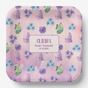 Pink Floral Butterfly Girl Babydusche Willkommen Pappteller