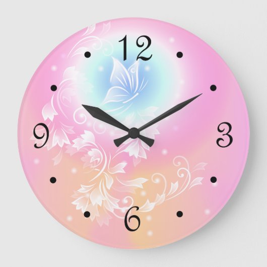 Pink Floral Butterfly Girl Numbers Große Wanduhr (Vorderseite)