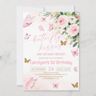 Pink Floral Butterfly Kisses und Birthday Wünsche Einladung