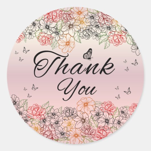 Pink Floral Butterfly Round Thank You Sticker (Vorderseite)