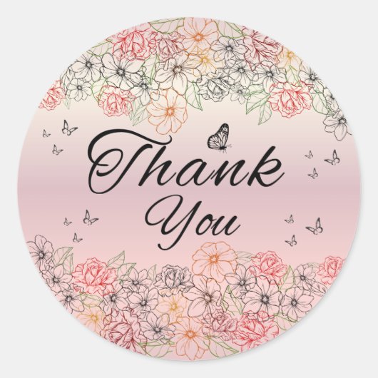 Pink Floral Butterfly Round Thank You Sticker (Vorderseite)