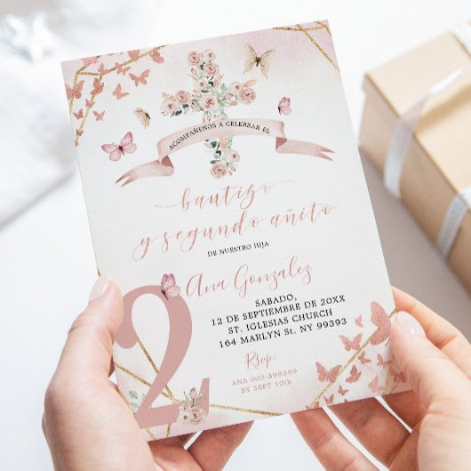 Pink Floral Butterfly Spanische Taufe 2. Geburtsta Einladung