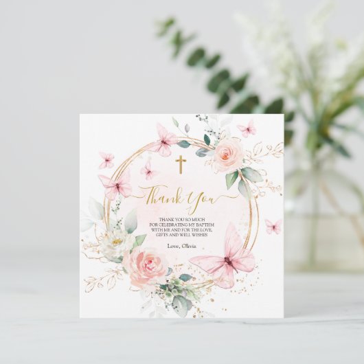Pink Floral Butterfly Taufe Christening Dankeskarte (Stehend Vorderseite)