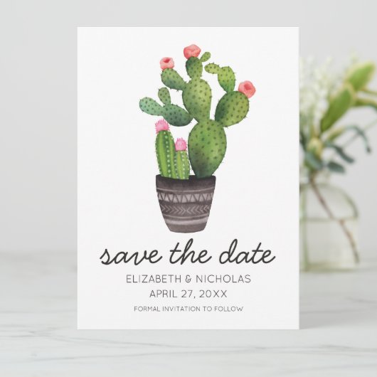 Pink Floral Cactus - Save the Date (Stehend Vorderseite)