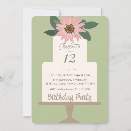 Pink Floral Cake Geburtstagsparty Einladung (Vorderseite)