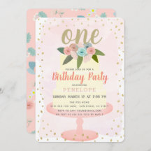 Pink Floral Cake Girl 1. Geburtstag Einladung