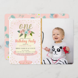 Pink Floral Cake Girl Foto 1. Geburtstag Einladung