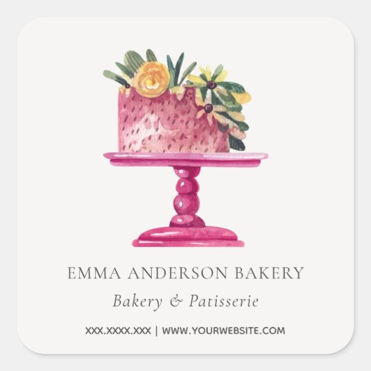 PINK FLORAL CAKE PATISSERIE CUPCAKE BAKERY SEAL QUADRATISCHER AUFKLEBER (Vorderseite)