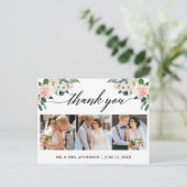 Pink Floral Calligraphy 3 Foto Wedding Vielen Dank Postkarte (Stehend Vorderseite)