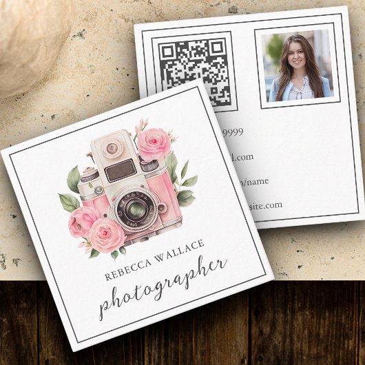 Pink Floral Camera Foto QR Code Fotograf Quadratische Visitenkarte