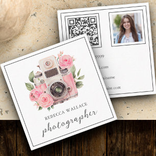 Pink Floral Camera Foto QR Code Fotograf Quadratische Visitenkarte