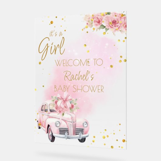 Pink Floral Car Baby Dusche Empfang Acrylschild (Winkel)