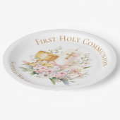 Pink Floral Chalice First Holy Communion Pappteller (Schrägansicht)