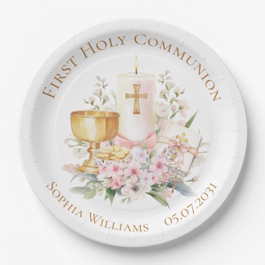 Pink Floral Chalice First Holy Communion Pappteller (Vorderseite)