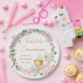 Pink Floral Chalice First Holy Communion  Pappteller (Party)