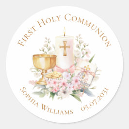 Pink Floral Chalice First Holy Communion  Runder Aufkleber