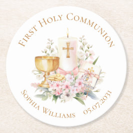 Pink Floral Chalice First Holy Communion  Runder Pappuntersetzer