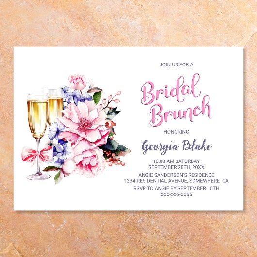 Pink Floral Champagne Bridal Brunch Einladung