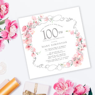 Pink Floral Cherry Blossom 100. Geburtstagsparty Einladung