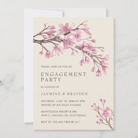 Pink Floral Cherry Blossom Engagement Partei Einladung (Vorderseite)