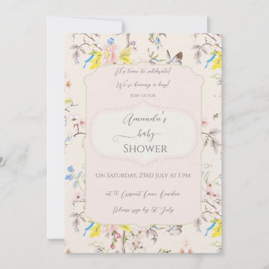 Pink Floral Chinoiserie Babydusche Einladung (Vorderseite)