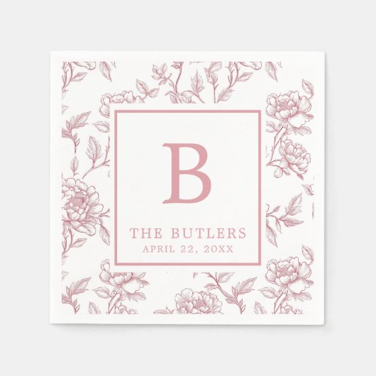 Pink Floral Chinoiserie Initial Wedding Napkins Serviette (Vorderseite)