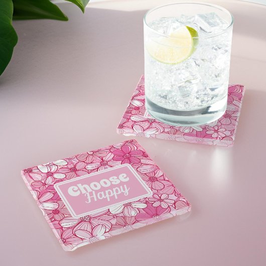 Pink Floral Choose Happy Glasuntersetzer