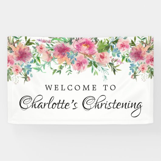 Pink Floral Christening Willkommensbanner Vorlage Banner (Horizontal)