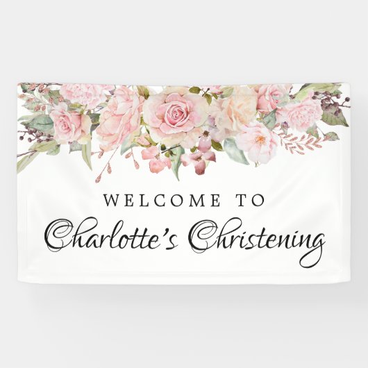 Pink Floral Christening Willkommensbanner Vorlage Banner (Horizontal)