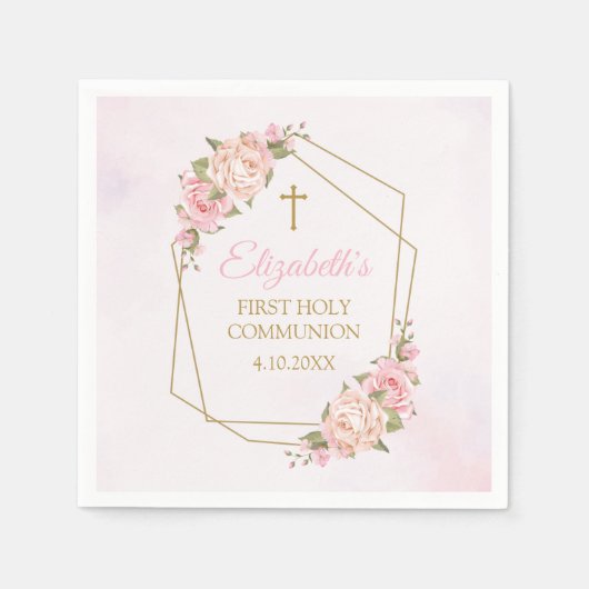Pink Floral Communion Serviette (Vorderseite)
