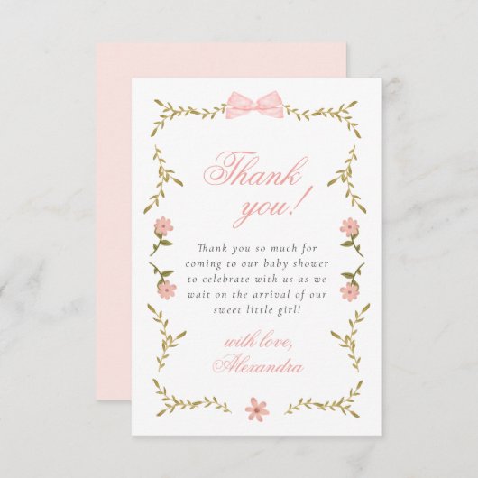 Pink Floral Coquette Babydusche Danke Karte (Vorne/Hinten)
