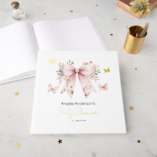 Pink Floral Coquette Bow Baby Dusche Gästebuch (Vorderseite Offen)