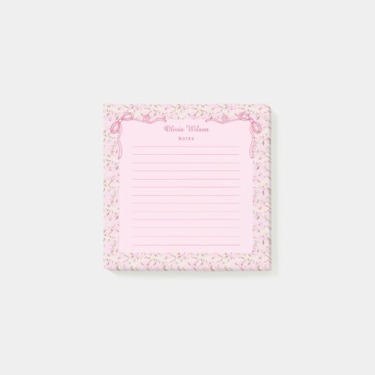Pink Floral Coquette Bow Custom Name Post-it Klebezettel (Vorderseite)