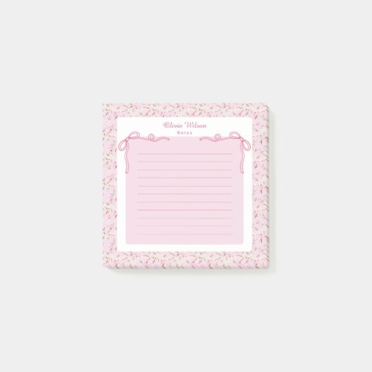 Pink Floral Coquette Bow Custom Name Post-it Klebezettel (Vorderseite)