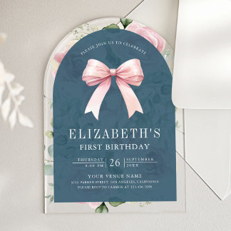 Pink Floral Coquette Bow Dusty Blue First Birthday Acryleinladungen