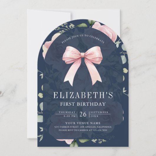 Pink Floral Coquette Bow Navy Blue Erster Geburtst Einladung (Vorderseite)