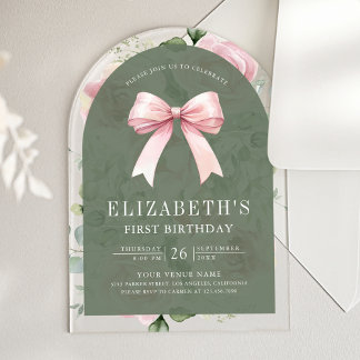 Pink Floral Coquette Bow Sage Green First Birthday Acryleinladungen