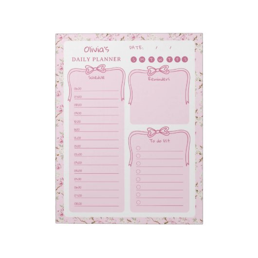 Pink Floral Coquette Bow To Do List Daily Planner Notizblock (Rotiert)