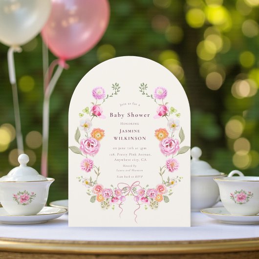 Pink Floral coquette Wreath Baby Shower QR Invite Einladung