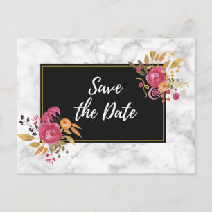 Pink Floral Corner Bouquets Save the Date auf Schw Ankündigungspostkarte