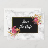 Pink Floral Corner Bouquets Save the Date auf Schw Ankündigungspostkarte (Vorne/Hinten)