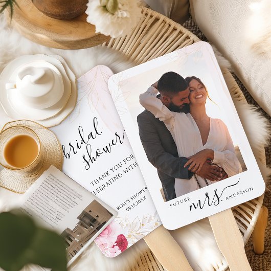 Pink Floral Couple Photo Bridal Shower Fächer