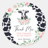 Pink Floral Cow Birthday Party Runder Aufkleber (Vorderseite)