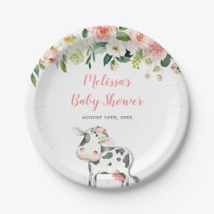 Pink Floral Cow Girl Babydusche Pappteller