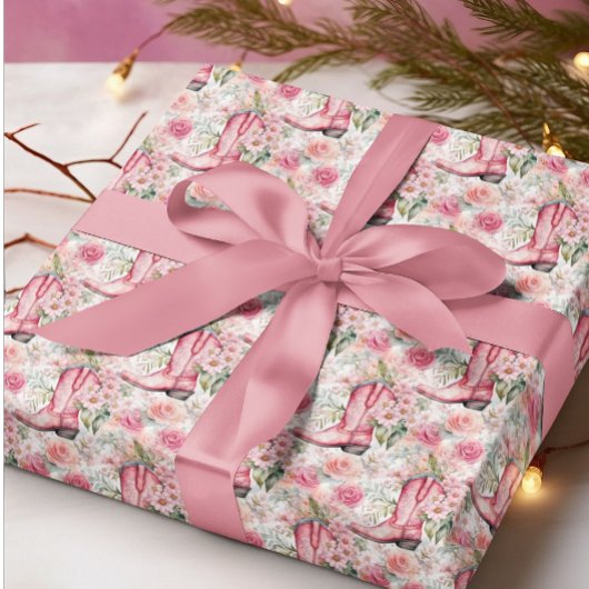 Pink Floral Cowgirl Western Weihnachten Geschenkpapier