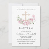 Pink Floral Cross Eucalyptus Leaves Baptism Einladung (Vorderseite)