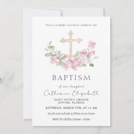 Pink Floral Cross Eucalyptus Leaves Baptism Einladung