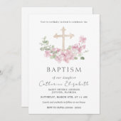 Pink Floral Cross Eucalyptus Leaves Baptism Einladung (Vorne/Hinten)
