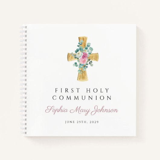 Pink Floral Cross First Communityguestbook Notizblock (Vorderseite)