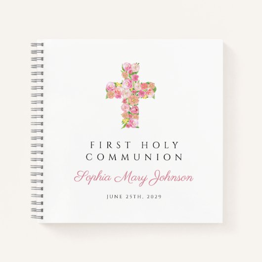 Pink Floral Cross First Communityguestbook Notizblock (Vorderseite)